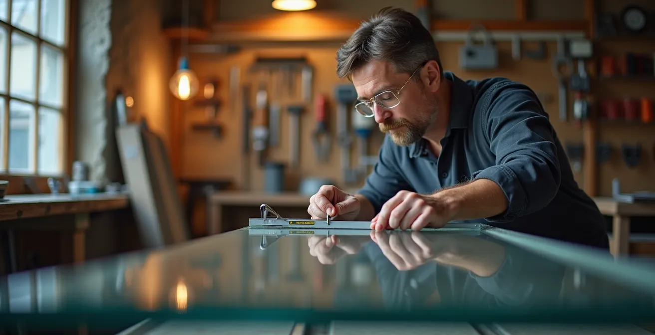 Vitrier professionnel en action avec équipement de protection et outils spécialisés